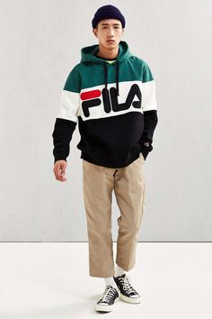 FILA Colorblocked Hoodie Sweatshirt - Urban Outfitters Urban Outfitters Style, Urban Outfitters Men, Fila Vintage, Style Masculin, Vintage Clothing Men, Mens Fashion Suits, Mens Fashion Summer, Mode Vintage, Casual Hoodie