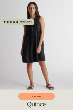 Sleeveless style with a little swing. This spring summer staple can do it all. Featuring pin-tucking up top, shell buttons, and pleat detailing. Our linen collection is made from 100% European flax linen—an eco-friendly, and resource light material.  | Quince | Women's 100% European Linen Sleeveless Swing Dress in Black, Size XS Summer Sleeveless A-line Dress With Pleated Hem, Summer A-line Sleeveless Dress With Pleated Waist, Casual Pleated Sundress For Summer, Summer A-line Sleeveless Dress With Buttons, Summer A-line Sleeveless Dress With Pleated Hem, Summer Dresses With Pleated Hem, A-line Sleeveless Dress With Pleated Waist For Summer, Casual Pleated Sleeveless Dress For Vacation, Sleeveless Pleated Dress For Beach