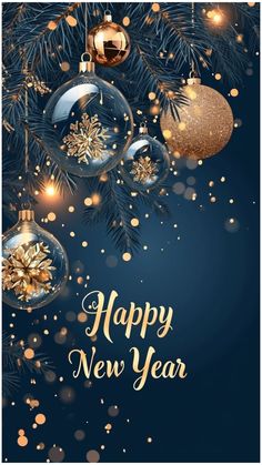 a happy new year card with ornaments and snowflakes on a dark blue background