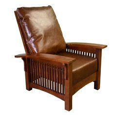 a brown leather recliner chair with wooden frame and armrests on an isolated white background