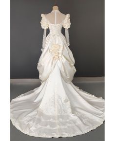 Buy vintage champagne satin ruffled wedding dress with bubble long sleeves at wholesale price online. Free shipping and pro custom service since 2009. 1840s Wedding Dress, French Victorian Dress, Rococo Wedding Dress, 1900s Wedding Dress, 18th Century Wedding Dress, Siren Wedding Dress, Vatican Wedding, Vintage Wedding Dress 1950s 1940s, Green Wedding Shoes Bride