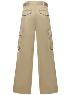 Front button and concealed zip closure. Belt loops. Includes matching adjustable belt with buckle closure. Two side pockets. Two leg cargo pockets. Two back pockets. Model is wearing a size1 Wide-leg Cargo Pants With Belt Loops For Workwear, High Waist Cargo Pants With Cargo Pockets For Work, Full Length Cargo Pants For Work, High-waisted Khaki Cargo Pants With Belt Loops, High-waisted Parachute Pants With Multiple Pockets For Work, Utility Straight Cargo Jeans With Belt Loops, Utility Parachute Pants With Belt Loops, Utility Wide-leg Cargo Jeans With Belt Loops, Wide Leg Utility Cargo Pants With Belt Loops