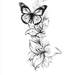 a black and white drawing of a flower with a butterfly on it's wing