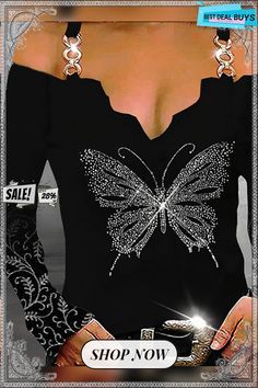 Boat Neck Jersey Butterfly Party T-shirt Long Sleeve T-shirt For Fall Party, Long Sleeve T-shirt For Spring Party, Spring Party V-neck T-shirt, Summer V-neck Party Shirt, Spring V-neck Party T-shirt, Black Letter Print Top For Party, Black Party T-shirt For Fall, Black Crew Neck Top For Party, Black T-shirt For Fall Party