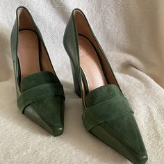 Brand New With Tag ( Never Worn) These Are Beautiful Green Leather With Suede Toe 5 Inch Block Heels. Purchased At Nordstrom Rack For $210.00. Size 7.5 As Shown In Picture And True To Size No Box Available Very Classy With Slacks, Skirts Or Dresses. Original Price $350.00 Green Leather Closed Toe Court Shoes, Green Leather Court Shoes With Pointed Toe, Green Leather Court Shoes With Almond Toe, Green Leather Almond Toe Court Shoes, Green Leather Pointed Toe Heels, Green Leather Heels With Pointed Toe, Elegant Green Court Shoes With 4-inch Heel, Green Pointed Toe Heels For Office, Green Heels With Deep Heel Cup For Formal Occasions