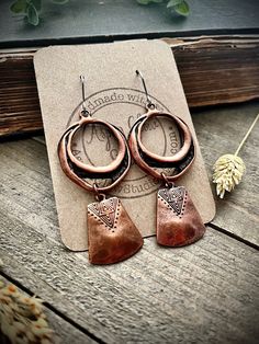 Antiqued copper with stainless steel ear wires.  3" L x 1.25" W These are thick metal, not lightweight and will tug on your earlobes. ▲ To see more, click here to return to my shop: https://www.etsy.com/shop/AspenGlowStudio ▲ Don't forget to favorite my shop for updates Many of my designs have natural stones, these stones will slightly vary from one another so remember that yours may not be exactly like the ones pictured but they will be VERY similar. Artisan Copper Hoop Earrings Nickel Free, Artisan Nickel Free Copper Hoop Earrings, Unique Nickel-free Copper Hoop Earrings, Bronze Electroformed Drop Earrings, Artisan Bronze Copper Hoop Earrings, Hand Forged Copper Dangle Hoop Earrings, Artisan Copper Dangle Hoop Earrings, Hand Forged Copper Hoop Earrings With Dangle, Bronze Dangle Hoop Earrings With Ear Wire