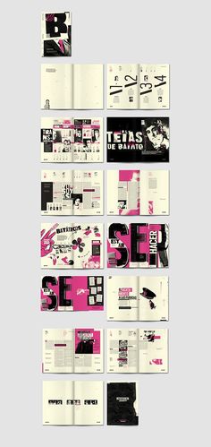 an assortment of brochures with pink and black designs on them, all stacked together