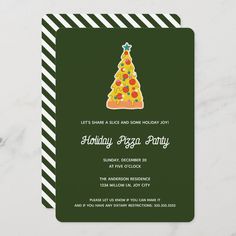 a holiday pizza party card with a christmas tree on it