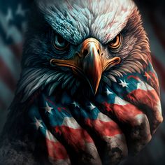 an eagle with the american flag painted on it's chest holding his hands together