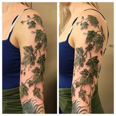 a woman's arm with leaves and vines on it, before and after tattooing