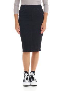 tznius black jean pencil skirt without pockets or slits Casual Stretch Pencil Skirt, Fall Denim Stretch Skirt, Stretch Mid-rise Denim Skirt, Casual High Waist Non-stretch Pencil Skirt, Chic Stretch High Rise Skirt, Trendy Stretch Mid-rise Skirt, Casual Stretch Mini Pencil Skirt, Non-stretch Cotton Pencil Skirt, Chic Stretch Mid-rise Denim Skirt