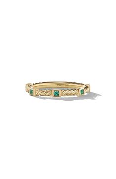 18-karat yellow gold. Pavé emeralds, 0.10 total carat weight. Ring, 2mm. Imported. Wedding Band With Emeralds, Emerald Ring Simple, Wedding Rings Emerald, Emerald Band Ring, Emerald Wedding Band, Emerald Band, Stack Ring, Emerald Ring, David Yurman