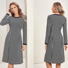 Size Us Shoulder Length Sleeve Length Bust Waist Size Hip Size Cuff Bicep Length M 6 15.7 41.7 23.2 36.2 28.3 37 8.7 11.5 Color: Black And White Style: Elegant Pattern Type: Houndstooth Type: A Line Neckline: Round Neck Sleeve Length: Long Sleeve Sleeve Type: Regular Sleeve Waist Line: High Waist Hem Shaped: Flared Length: Midi Fit Type: Regular Fit Fabric: Slight Stretch Material: Knitted Fabric Composition: 95% Polyester, 5% Elastane Care Instructions: Machine Wash Or Professional Dry Clean Sh Long Sleeve Gingham Dress For Work, Workwear Midi-length Dresses With Houndstooth Pattern, Black Houndstooth Dress For Work, Black Houndstooth Office Dress, Elegant Pattern, Black And White Style, Aline Dress, Feel Pretty, 7 11