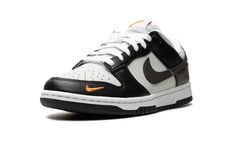 The Nike Dunk Low “Mini Swoosh - Black/Total Orange” is a colorway of the retro basketball shoe with an easy-to-wear style.  The upper is complete with a white tumbled leather base and black leather overlays.  A black tumbled leather Swoosh logo appears on the mid-panel and a small Total Orange-colored Swoosh is embroidered on the lateral side of the forefoot.  “Nike” branding is embroidered in black lettering on the heel and printed on the tongue tag.  Underfoot, a white midsole and black outso Orange Dunks, Nike Branding, Retro Basketball Shoes, Retro Basketball, Orange Shoes, Cute Nike Shoes, Nike Brand, Cute Nikes, Swoosh Logo