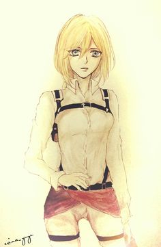 a drawing of a woman with blonde hair and suspenders standing in front of a white wall