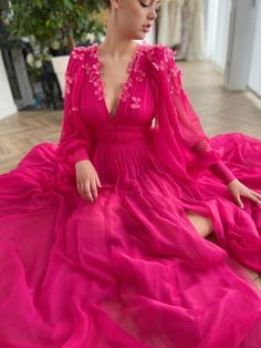 Luxury Vibrant Pink Dress, Luxury Pink Puff Sleeve Dress For Formal Occasions, Pink Maxi Evening Dress For Wedding Guest, Pink Maxi Length Evening Dress For Wedding Guest, Pink Formal Dress With Sheer Sleeves, Pink Wedding Dress With Sheer Sleeves, Formal Pink Dress With Sheer Sleeves, Pink Evening Dresses With Sheer Sleeves, Pink Floor-length Gown For Wedding Guest