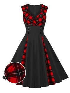 Red Steampunk Dress, Best Dress For Girl, Plaid Christmas Dress, Retro Wardrobe, Sunday Clothes, Plaid Dresses, Character Prompts, Steampunk Dress, Vintage Romper