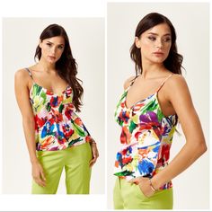 Abstract Print, Cami Top 100% Polyester Tropical Vibes Colorful Summer Top With Yellow Pattern, Multicolor Print Summer Tops For Brunch, Multicolor Print Tops For Summer Brunch, Yellow Tops With Colorful Pattern For Summer, Spring Yellow Top With Colorful Pattern, Vibrant Yellow Floral Print Tops, Casual Tops With Vibrant Print For Party, Yellow Summer Top With Vibrant Print, Yellow Summer Tops With Vibrant Print