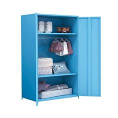 a blue metal locker with clothes and diapers on it's shelves, against a white background