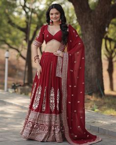 Maroon Georgette embroidered sequence lehenga choli with faux blooming dupatta to enhance your wedding look in budget. - Free shipping 🚚 - In-house Tailoring 🪡 - Wedding season discounts ✨ SHOP NOW 🛍️ gotifab.com [red lehenga , wedding dresses , handmade lehengas , indian wedding dresses,red bridal lehenga , lehenga choli, ghaghra choli] #redcholi #redlehenga #bridesmaidsdress #redbridallehenga #lenghacholi #indianweddingdress #desingercholi Maroon Lehenga Choli, Maroon Lehenga, Bridal Lengha, Embroidered Lehenga, Party Kleidung, Chaniya Choli