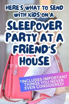 a woman carrying a pink purse with the words sleepover party at a friend's house