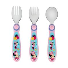 three forks and two spoons with mickey mouse designs on them, one has a pink handle