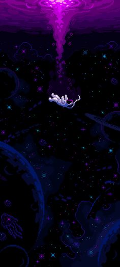 an image of a person floating in the air on a purple and blue background with stars