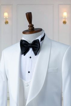 Three Piece White Shawl Lapel Men's Tuxedo Wedding - Etsy Ghana Classic White Sets For Black Tie Occasions, White Tuxedo Business Set, Tailored Tuxedo Sets For Ceremony, Tailored Tuxedo With Notch Lapel For Ceremonies, Dapper Tuxedo For Groom, Tailored Notch Lapel Tuxedo For Ceremonies, Custom Fit White Tuxedo Suits, White Fitted Sets For Black Tie Occasion, Tailored Double Breasted Tuxedo Suit For Ceremony