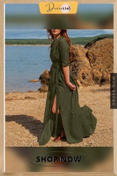 Women Vintage Party Dress Long Sleeve V Neck Office Lady Dress Autumn New Fashion Casual Dress Fitted A-line Long Sleeve Summer Dress, Non-stretch Long Beach Dresses, Long Sleeve Solid Color Maxi Dress For Beach, Fitted V-neck Shirt Dress For The Beach, Green Solid Color Shirt Dress For Summer, Long Green Solid Color Dress, Summer Green Solid Color Shirt Dress, Green Maxi Dress Regular Fit, Non-stretch Green Maxi Dress