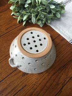 a ceramic grater sitting on top of a wooden table next to a potted plant