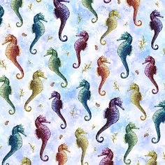 colorful seahorses on blue and white background