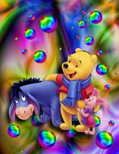 winnie the pooh and piglet in front of soap bubbles with rainbows behind them