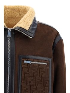 100% Lambskin Luxury Brown Leather Jacket With Pockets, Luxury Leather Outerwear With Pockets, Luxury Brown Outerwear With Pockets, Luxury Brown Fur Coat, Designer Shearling Leather Jacket With Padded Collar, Brown Luxury Leather Outerwear, Luxury Sheepskin Leather Jacket With Zipper Closure, Luxury Brown Leather Outerwear, Luxury Sheepskin Leather Jacket With Long Sleeves