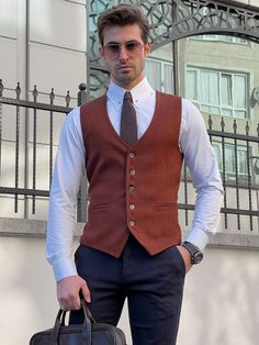 NEW COLLECTİON - FW / 23Collection: Fall / Winter - 23Production: Private Collection Slim-fit Wool Tile Men’s WaistcoatProduct color: TİLEProduct material: %50 Cotton , %50 Polyester Product details: The waistcoat is adjustable from the back.Product care: Dry clean onlyProduct size: 46-48-50-52-54-56Package İncluded : Waistcoat Dimensions of the mannequin: 185cm / 78kg , Size : 50EU / 40US Men Vest Outfits, Black Waistcoat, Hard Men, Suit Fabric, Vest Outfits, Mens Vest, Zulu, Western Outfits, Vest Dress