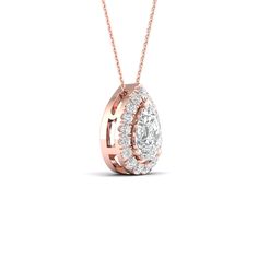 This Dewdrop Halo Necklace features a dewdrop-shaped diamond surrounded by a halo of tiny diamonds. The dewdrop-like setting creates a breathtaking visual experience, making this diamond pendant necklace perfect for any occasion, whether it’s a night out or a day at the office. It’s versatile enough to be worn with any outfit, from casual to formal. Rose Gold Teardrop Pendant Diamond Necklace, Rose Gold Teardrop Diamond Necklace, Timeless Diamond Teardrop Pendant Necklace In Prong Setting, Timeless Teardrop Diamond Necklace With Prong Setting, Rose Gold Teardrop Diamond Necklace Fine Jewelry, Rose Gold Diamond Teardrop Necklace, Fine Jewelry Rose Gold Teardrop Diamond Necklace, Timeless Teardrop Halo Design Jewelry, Timeless Teardrop Halo Jewelry