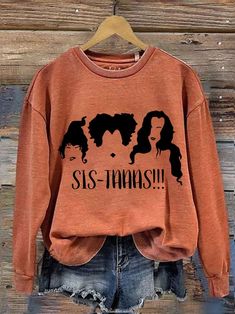 Women's Halloween Hocus Pocus Sis-taaas! Print Sweatshirt Themed Long Sleeve Tops With Graphic Print, Themed Crew Neck Top With Screen Print, Halloween Themed Crew Neck Tops, Halloween Themed Tops With Crew Neck, Novelty Letter Print Tops For Fall, Themed Long Sleeve Tops With Letter Print, Themed Long Sleeve T-shirt With Letter Print, Themed Long Sleeve Letter Print T-shirt, Fall Novelty Crew Neck Tops