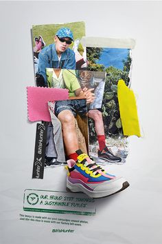 a collage of photos with shoes and clothing on top of each other in front of a white background