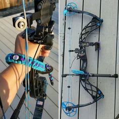 two pictures of someone holding an archery bow and another photo of the same person's arm