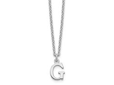 Rhodium over sterling silver cut-out letter "G" initial necklace with polished finish and lobster claw clasp. Chain measures approximately 18"L x 1/16"W, charm measures 7/16"L x 1/4"W. G Initial Necklace, G Necklace, G Initial, Cut Out Letters, Letter G, Broken Chain, Pearl Strands, Initial Necklace, Lobster Claw