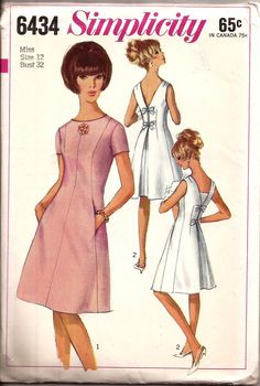 Rare pattern from 1966 for a one-piece dress with detachable vestee: Dress with back v-neckline and zipper has center back inverted pleat, concealed side pockets, self bows and optional vestee (piece over back neckline to seem like there's an under garment). Short sleeves or sleeveless. Pattern is complete and uncut. Size 12 Bust 32 Waist 25 Hip 34 Mod A-line Dress For Vintage Fashion, Mod Style A-line Dress For Vintage Fashion, Fitted Mod Dresses For Daywear, Mod Style Fitted Dresses For Daywear, Mod A-line Lined Dresses, Retro Sheath Dress For Formal Occasions, Knee-length Mod Lined Dress, Mod Style Knee-length Lined Dress, Mod Knee-length Lined Dress