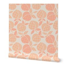 an orange and white wallpaper with pink leaves on the side, against a white background