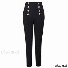 Olivia Mark - Premium Black Iconic High Waist Button Front Crop Skinny Tapered Pants Classic High Rise Pants With Button Closure, High-rise Black Bottoms With Buttons, High Rise Black Bottoms With Buttons, High Waist Office Bottoms With Button Closure, High Waist Fitted Pants With Snap Buttons, High Waist Bottoms With Side Buttons, Office High Waist Bottoms With Button Closure, High Waist Bottoms With Button Closure For Office, High Waist Pants With Snap Buttons For Work