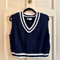 100% Cotton Navy Blue With White Stripes Cable Knit Tags: Sweater Vest, Academia, Cricket Sweater Blue V-neck Sweater Vest For Fall, Navy Sweater For College In Fall, Casual Navy V-neck Sweater For Fall, Navy College Sweater, Blue V-neck Sweater Vest For Winter, Casual Knit Tops For College, Navy Preppy Sweater For Fall, Blue Casual Knit V-neck Sweater, Fitted Blue Knitted Sweater Vest