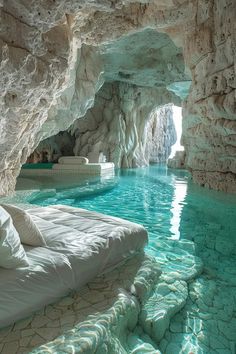 a bed sitting in the middle of a cave next to a pool filled with water