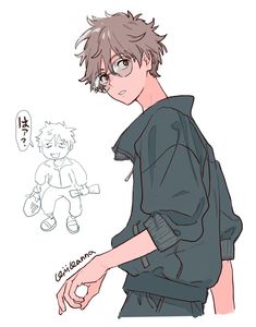 a drawing of a boy with glasses and a backpack on his back, next to an image of a teddy bear