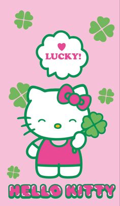 an image of hello kitty with clovers in her hand and the word lucky above it