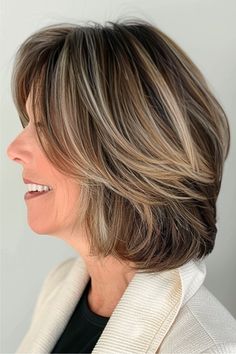 Feathered Layered Lob Haircut for Women Over 50. Layered Lob, Feathered Bob, Long Layered Bob, Bob Hairstyles With Bangs