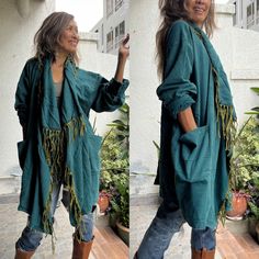 Handmade boho stone wash fringe duster. 100% cotton. color 2 tone. 2 Pockets in the front. There is a big size coconut button so can be worn 2 different ways open style Or wrap in the front. Measurements: One size fit all. Length 35 inches. Sleeve length 23 inches. CARE: Machine wash cold separate.Machine wash cold.Machine wash cold. .These kimono are made from Raw Cotton- In the process of making these kimono the cotton has to be washed and processed before it lands in its comfortable wearable state. Festival Long Sleeve Outerwear With Frayed Hem, Bohemian Long Sleeve Outerwear With Frayed Hem, Bohemian Outerwear With Frayed Hem For Festivals, Bohemian Outerwear With Frayed Hem For Spring, Bohemian Fringe Outerwear For Fall, Bohemian Long Sleeve Fringe Outerwear, Bohemian Fall Outerwear With Tassels, Fall Festival Outerwear With Boho Collar, Bohemian Spring Outerwear With Fringe