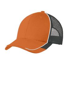 an orange and black baseball cap with mesh on the front, one side is shown