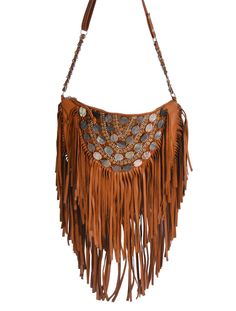 a brown purse with fringes and beads on it